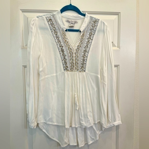 Gorgeous Boho Moroccan White American Rag Embellished Top Tassel Tunic Shirred - Picture 1 of 10
